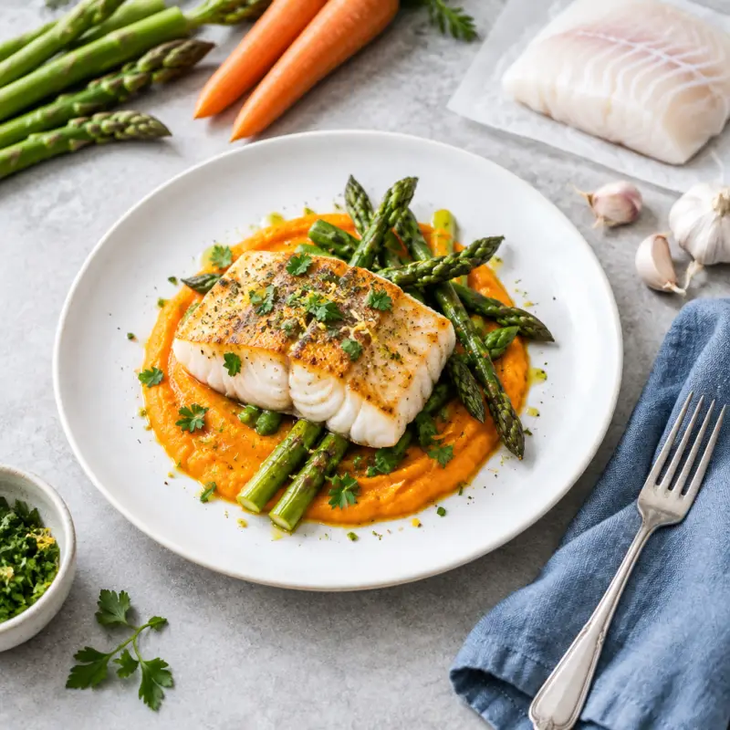 Pan-Fried Cod with Asparagus & Carrot Purée, plated