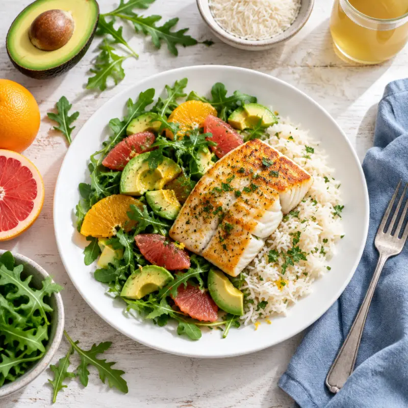 Pan-Fried Cod, Citrus Fruit, Avocado & Arugula Salad with Rice, plated