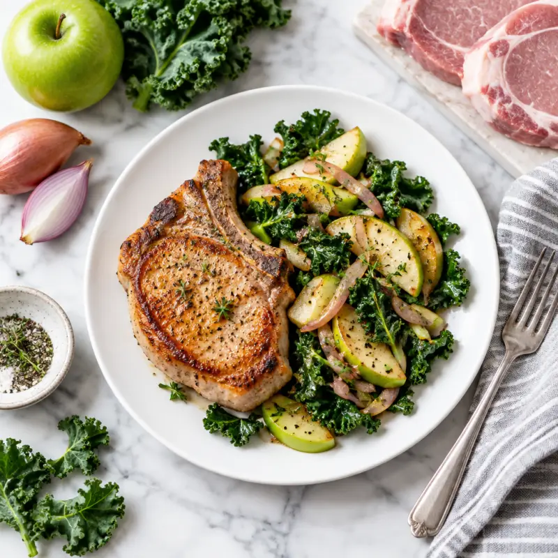 Pan-Fried Pork Chops with Apple & Kale Sauté, plated