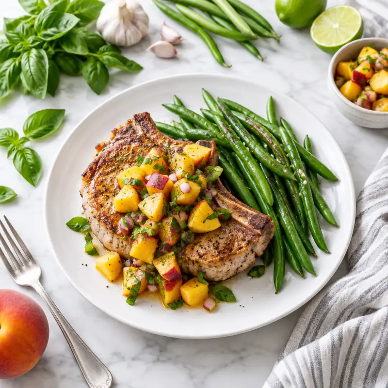 Pan-Fried Pork Chops with Basil Peach Salsa & Green Beans, plated