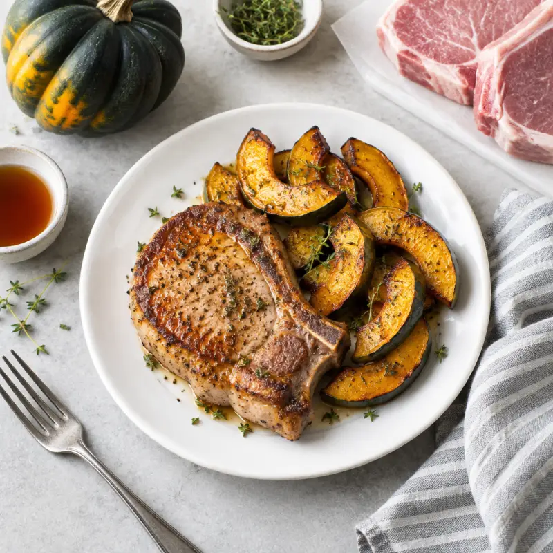 Pan-Fried Pork Chops with Maple-Roasted Acorn Squash, plated
