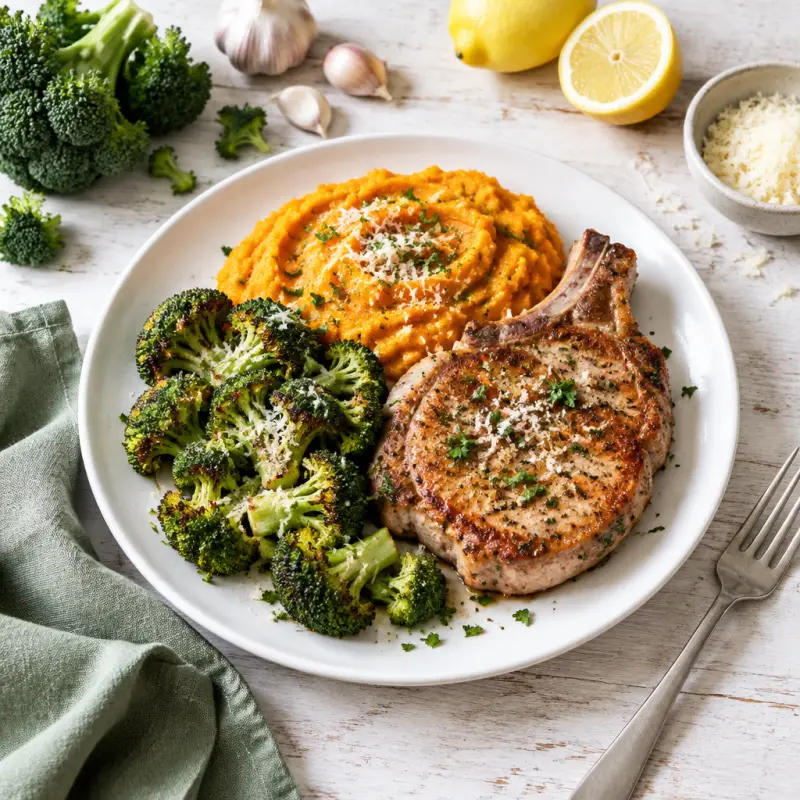 Pan-Fried Pork Chops with Roasted Broccoli & Sweet Potato Mash, plated