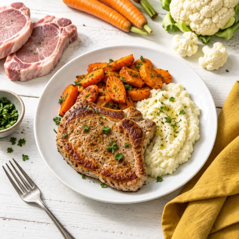 Pan-Fried Pork Chops with Sautéed Carrots & Cauliflower Mash, plated