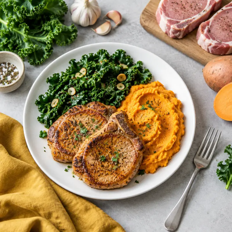 Pan-Fried Pork Chops with Sautéed Kale & Sweet Potato Mash, plated
