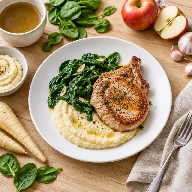 Pan-Fried Pork Chops with Sautéed Spinach & Parsnip-Apple Purée, plated