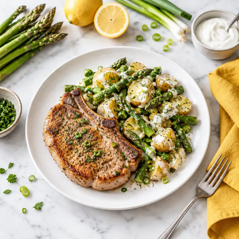 Pan-Fried Pork Chops with Warm Asparagus-Potato Salad, plated