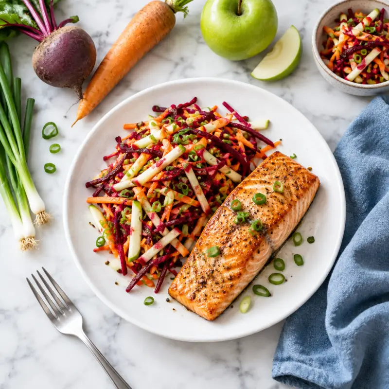 Pan-Fried Salmon with Carrot, Beet & Apple Slaw, plated