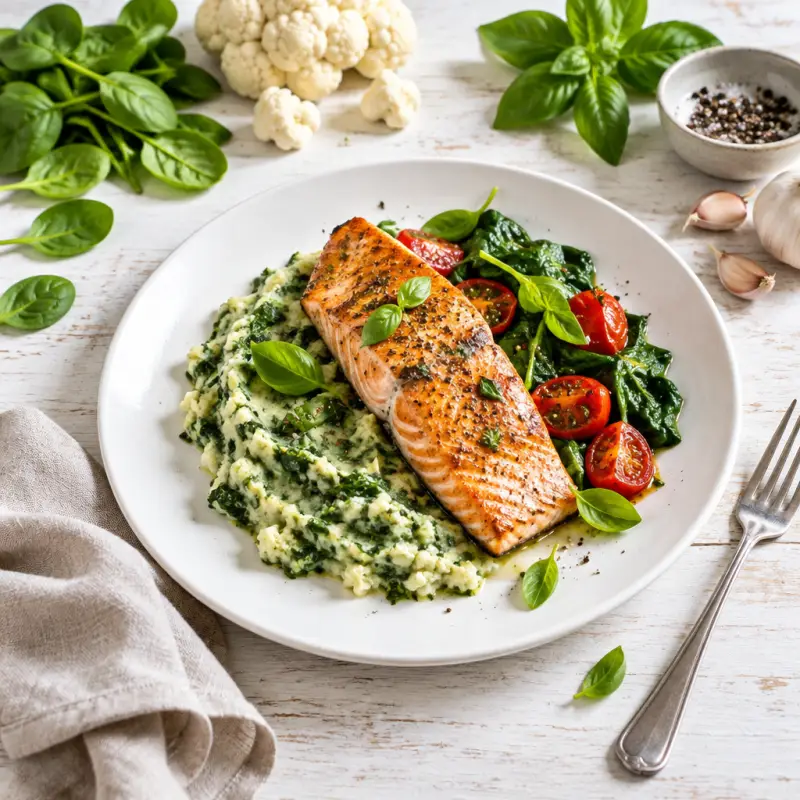 Pan-Fried Salmon with Cauliflower & Spinach Power Mash, plated