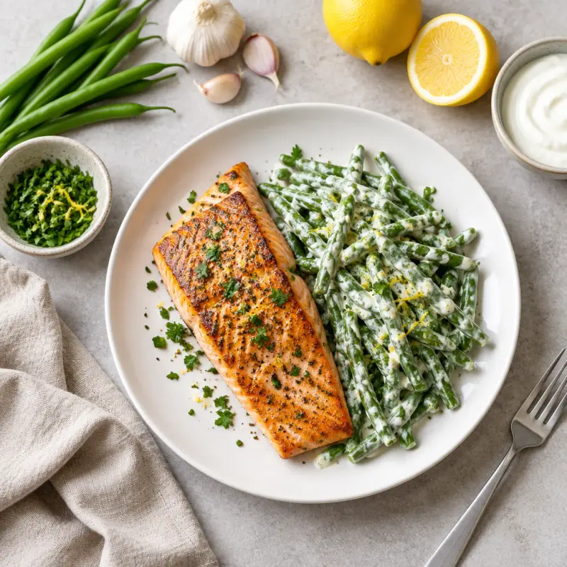 Pan-Fried Salmon with Creamy Green Beans, plated