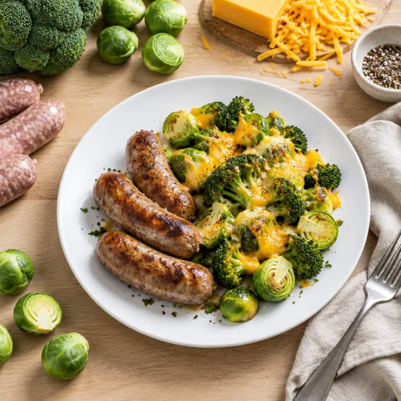 Pan-Fried Sausage with Cheesy Brussels Sprouts & Broccoli, plated