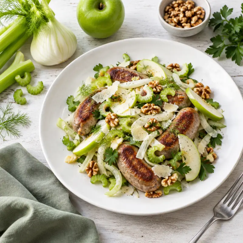 Pan-Fried Sausage with Fennel, Apple, Celery, Walnut & Parmesan Salad, plated
