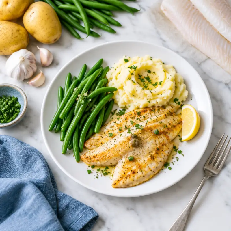 Pan-Fried Sole with Mashed Potatoes & Green Beans, plated