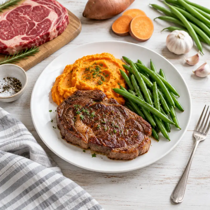 Pan-Fried Steak with Sweet Potato Mash & Green Beans, plated