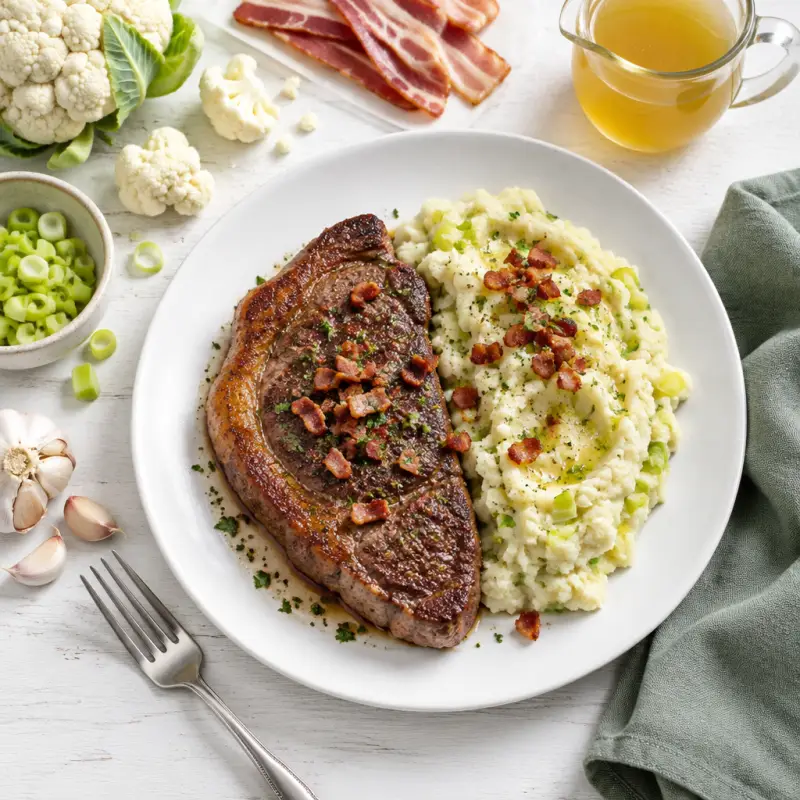 Pan-Fried Striploin Steak with Cauliflower & Leek Mash, plated