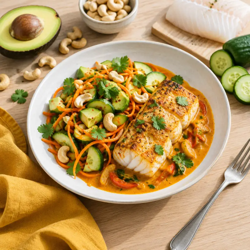 Pan-Fried Thai Red Curry Cod with Carrot, Avocado & Cashew Salad, plated