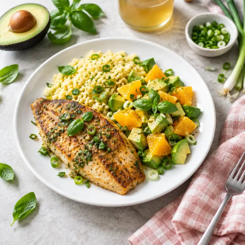 Pan-Fried Tilapia with Couscous & Orange Avocado Salad, plated
