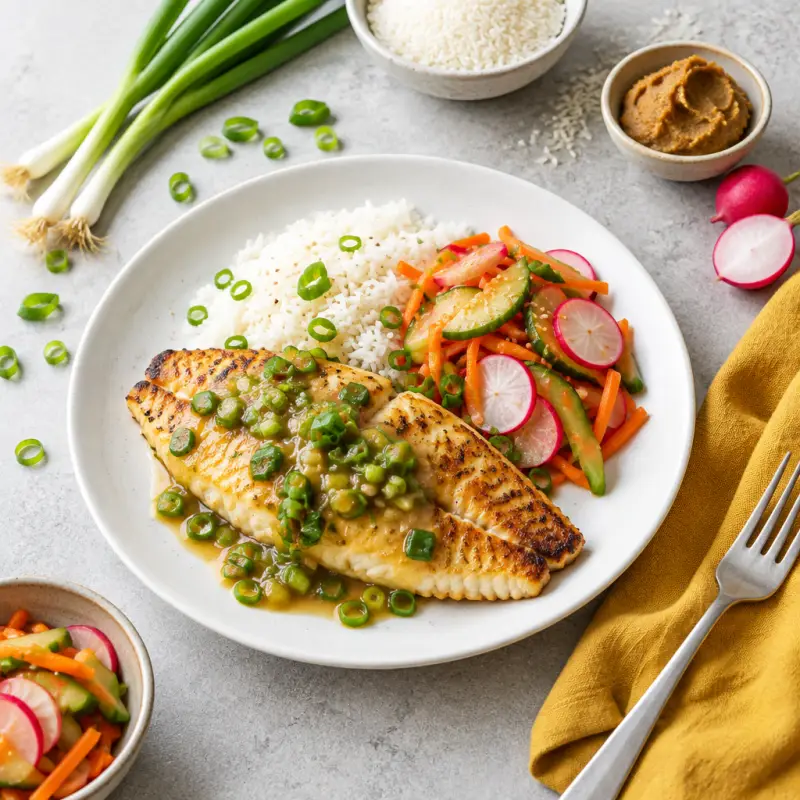 Pan-Fried Tilapia with Green Onion Miso Sauce, Pickled Veggies & Rice, plated