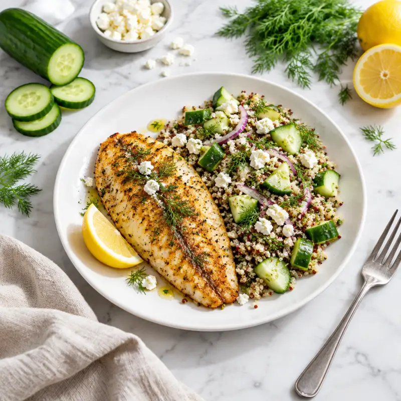 Pan-Fried Tilapia with Quinoa, Cucumber & Feta Salad, plated