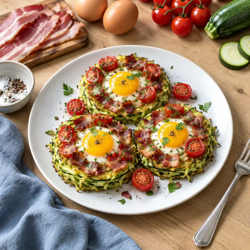 Pan-Fried Zucchini Egg Nests with Bacon & Tomato, plated