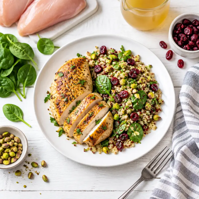 Pan-Seared Chicken with Cranberry & Pistachio Quinoa Salad, plated