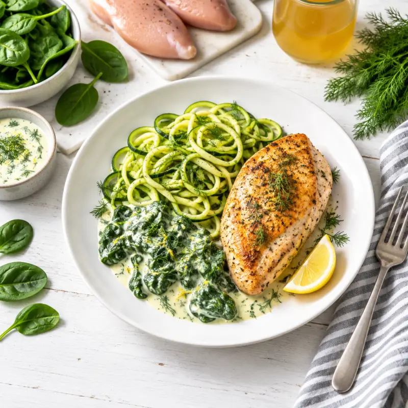 Pan-Seared Chicken with Zucchini Noodles & Creamy Lemon-Dill Spinach, plated