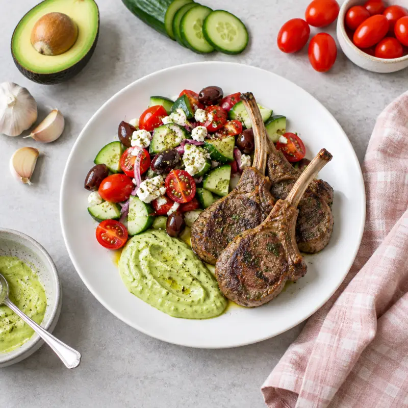 Pan-Seared Lamb Chops with Greek Salad & Avocado Dressing, plated