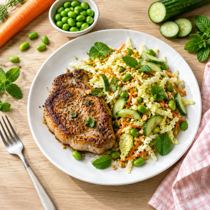 Pan Seared Pork Chops with Crispy Vietnamese Cabbage & Mint Salad, plated