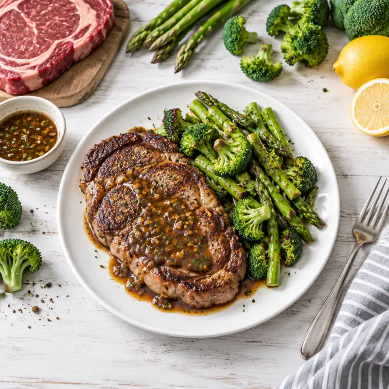 Pan Seared Ribeye with Steak Sauce & Broccoli-Asparagus Sauté, plated