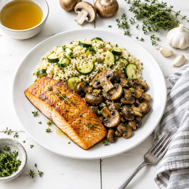 Pan Seared Salmon with Soy Tossed Mushrooms & Zucchini-Thyme Rice, plated