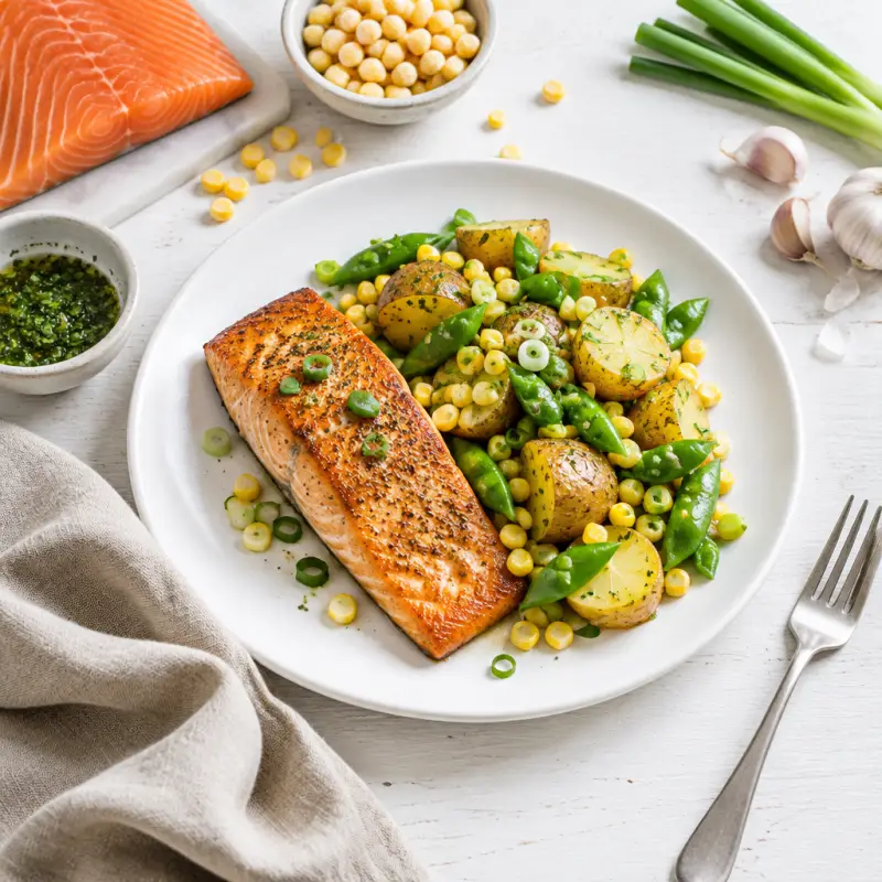 Pan-Seared Salmon with Warmed Potato, Corn & Snap Pea Salad, plated