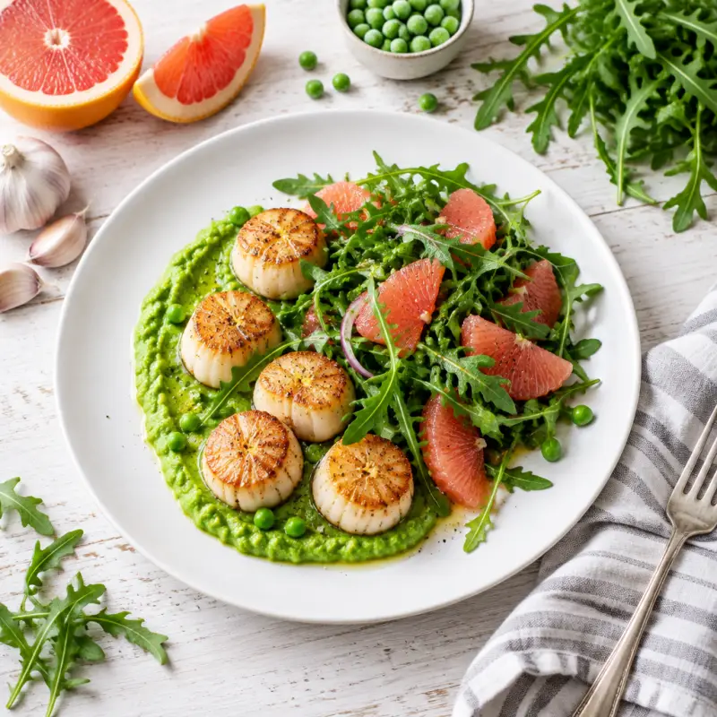 Pan-Seared Scallops with Pea Purée & Grapefruit-Arugula Salad, plated