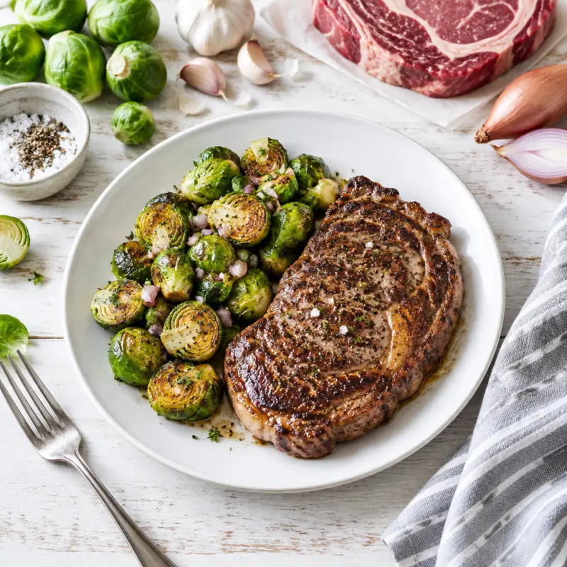 Pan-Seared Steak with Sautéed Brussels Sprouts, plated