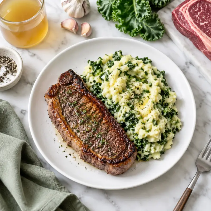 Pan-Seared Strip Steak with Kale Colcannon (Irish Mashed Potatoes), plated