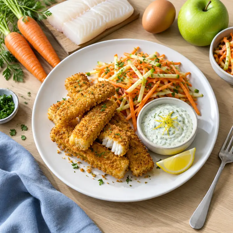 Panko-Crusted Fish Sticks with Lemon-Herb Dip & Carrot-Apple Slaw, plated