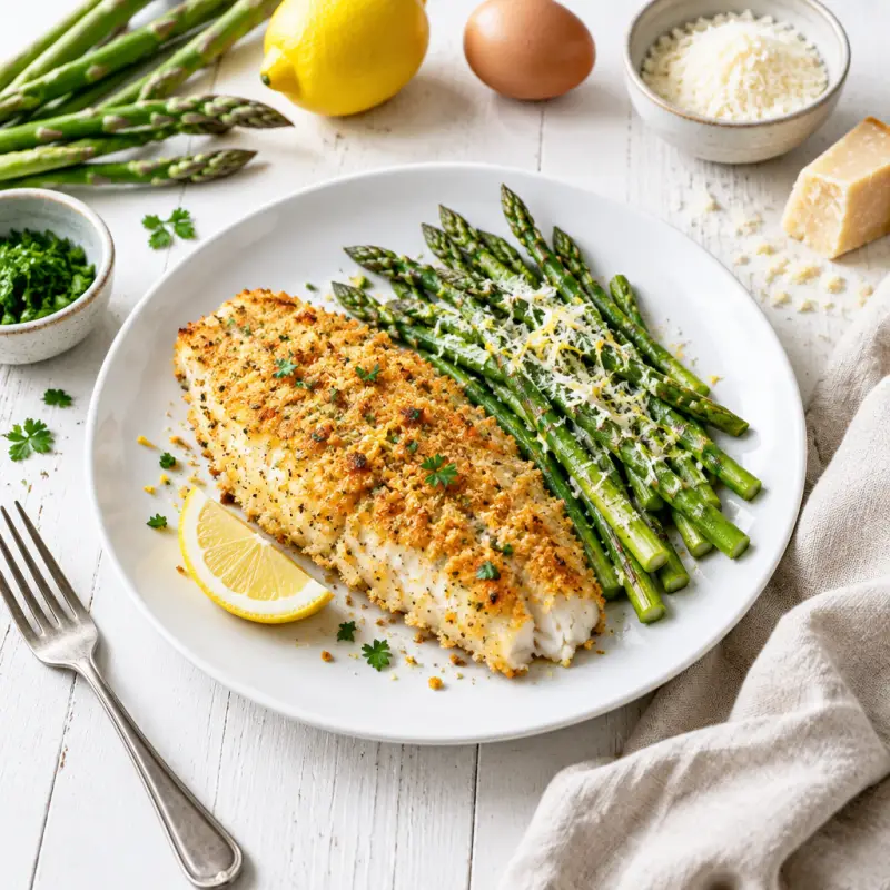 Panko Crusted Tilapia with Lemon Parmesan Asparagus, plated