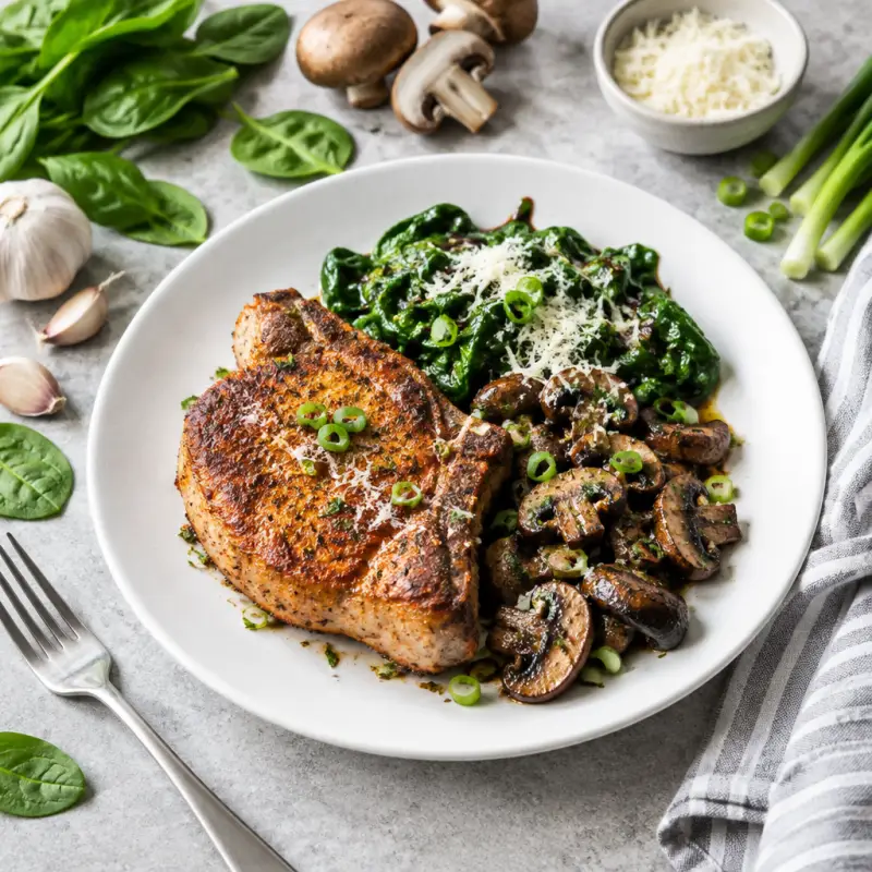 Paprika Pork Chop, Balsamic Mushrooms & Wilted Spinach with Parmesan, plated