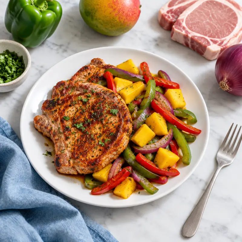 Paprika Pork Chops with Sautéed Bell Pepper, Mango & Red Onion, plated