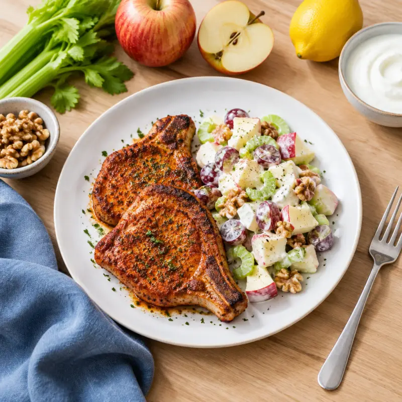 Paprika Pork Chops with Yogurt-Dressed Waldorf Salad, plated