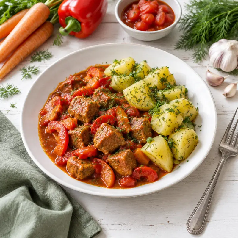 Paprika Pork Stew (Goulash) with Bell Pepper, Tomato & Dill Potatoes, plated
