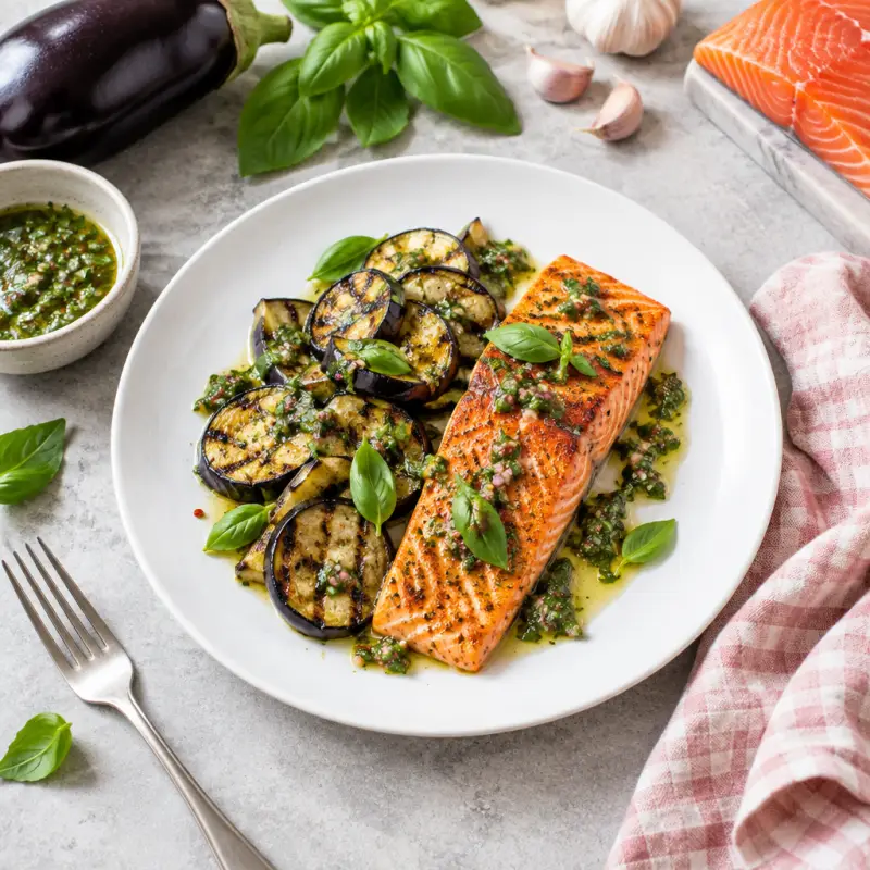 Paprika Salmon with Grilled Eggplant & Basil Vinaigrette, plated