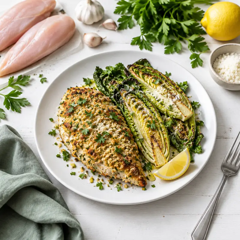 Parmesan & Parsley Crusted Chicken with Roasted Romaine Lettuce, plated