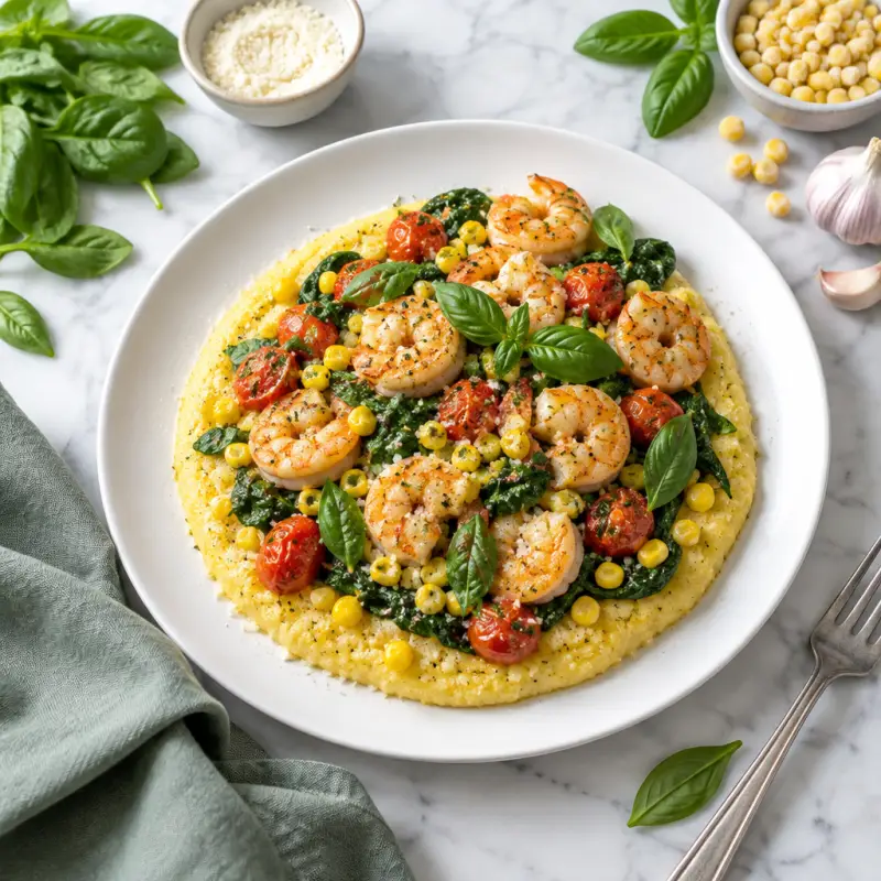 Parmesan Polenta with Garlicky Shrimp, Spinach, Tomatoes, Corn & Basil, plated