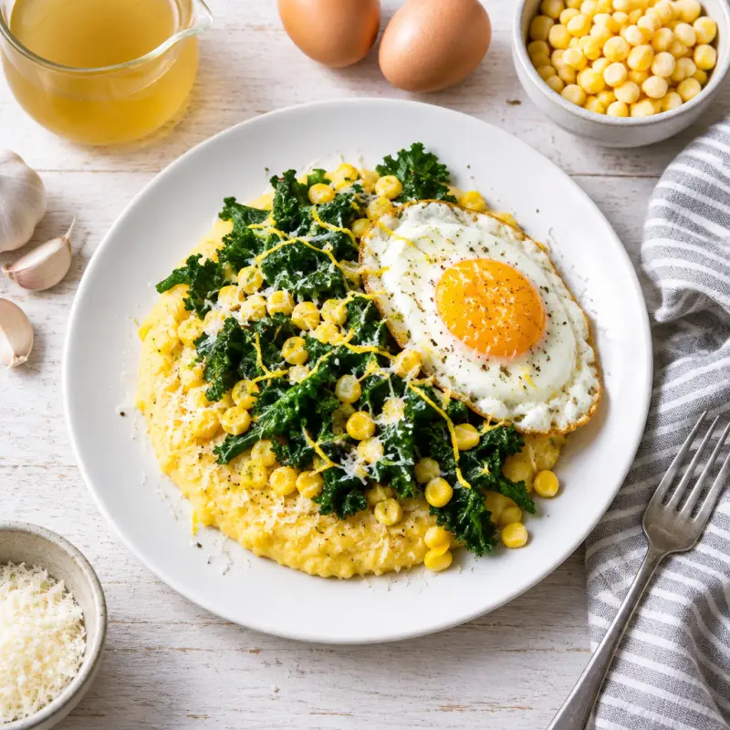 Parmesan Polenta with Lemony Kale-Corn Sauté & Fried Egg, plated