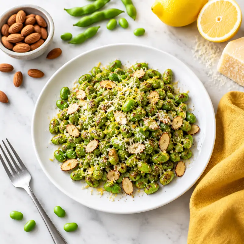 Parmesan Roasted Edamame with Lemon & Almonds, plated