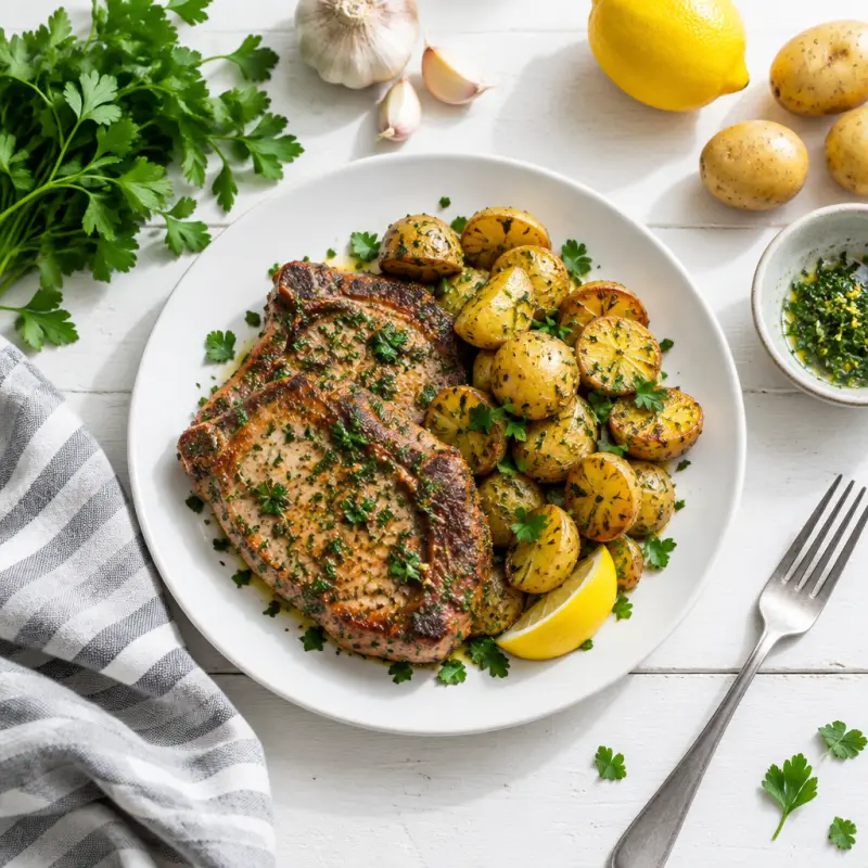 Parsley Pork Chops with Lemon & Herb Roasted New Potatoes, plated