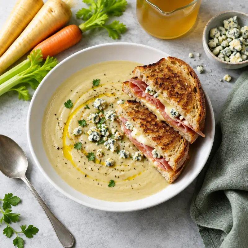 Parsnip-Apple Soup with Grilled Prosciutto & Blue Cheese Sandwich, plated