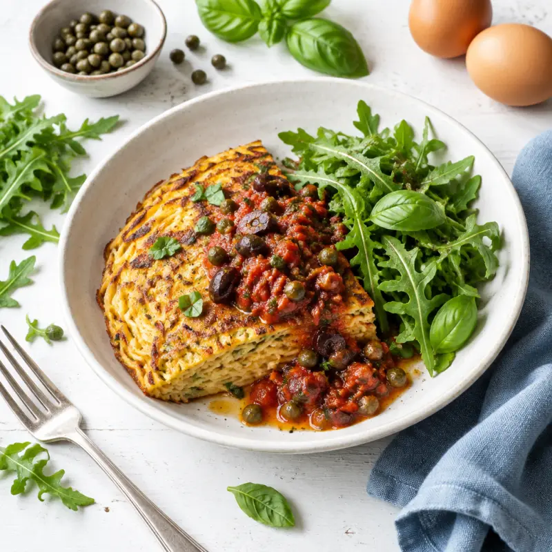 Pasta Frittata with Warm Puttanesca Sauce & Basil-Arugula Salad, plated