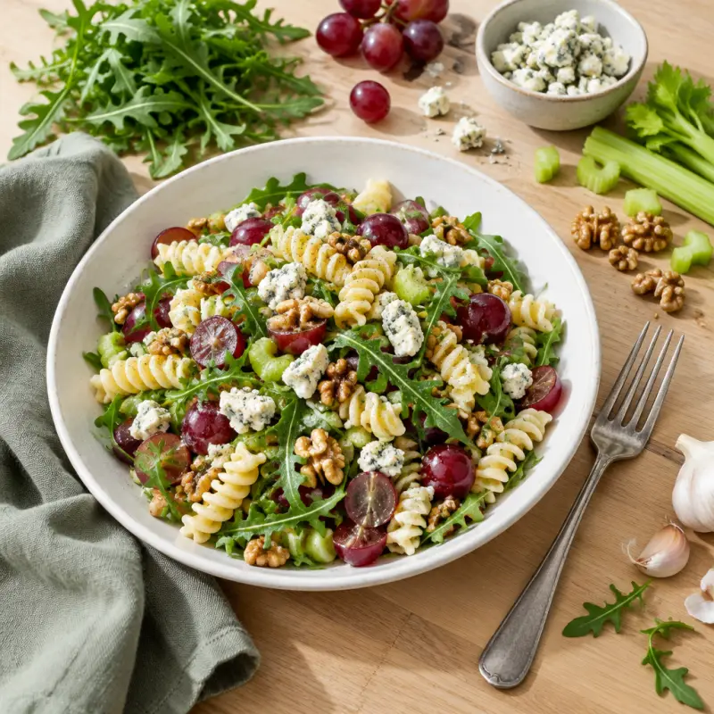 Pasta Salad with Blue Cheese, Walnuts, Grapes, Celery & Arugula, plated