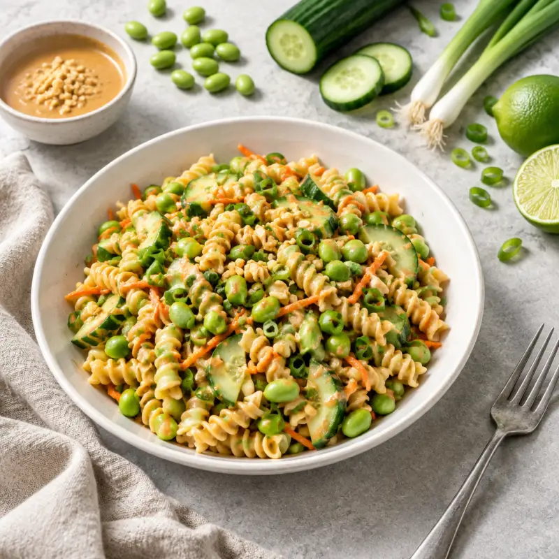 Pasta Salad with Edamame, Cucumber, Carrot & Peanut-Lime Dressing, plated