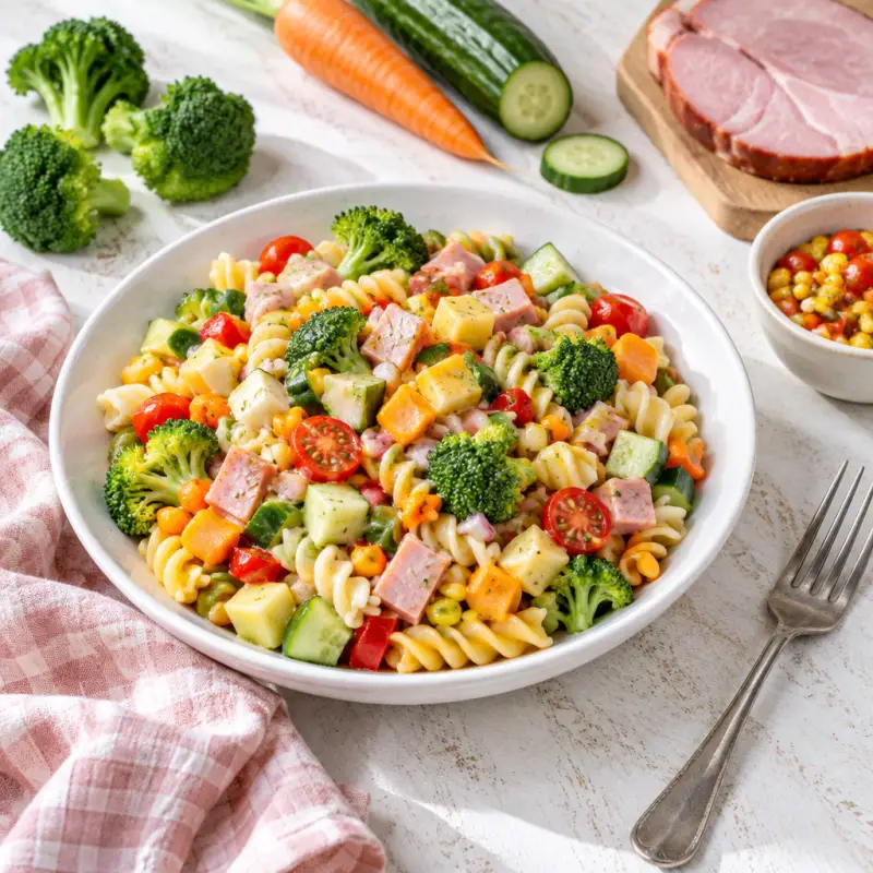 Pasta Salad with Ham, Cheese, Mixed Veggies & Italian Dressing, plated